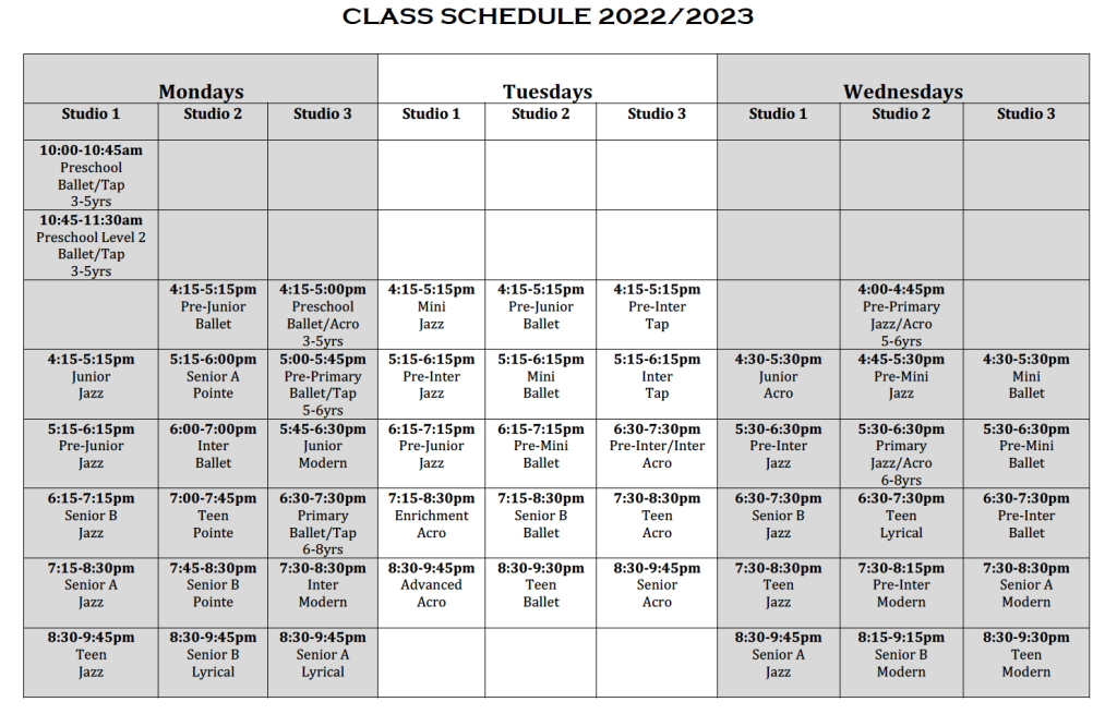 Full Class Schedule – North Calgary Dance Centre